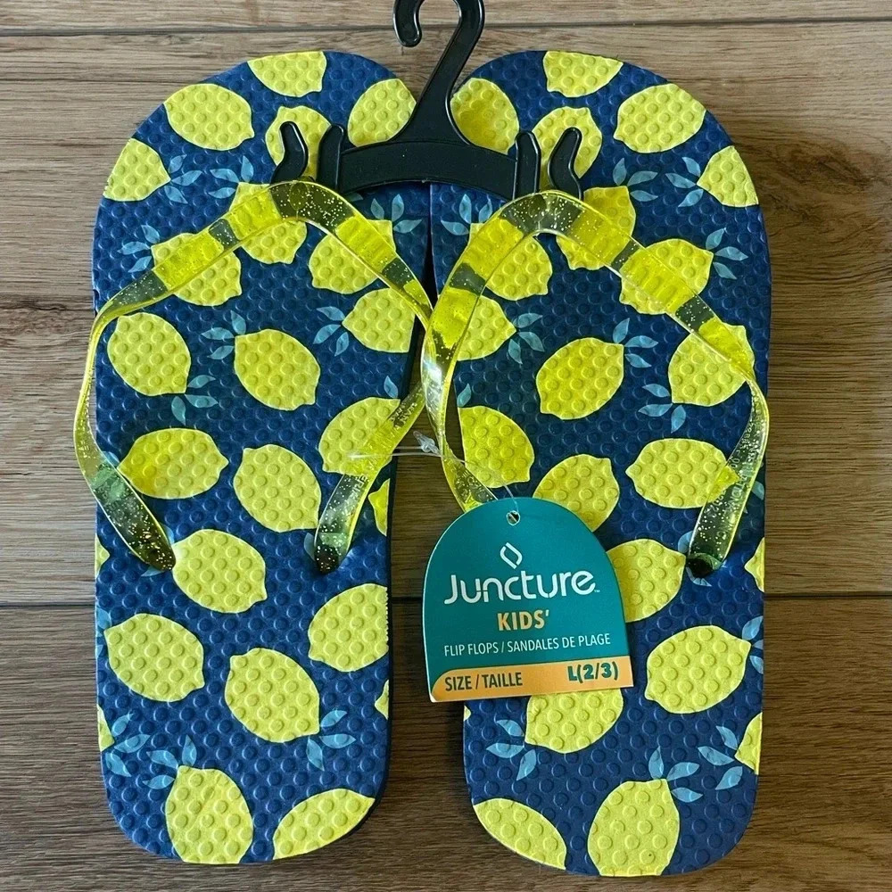 Juncture girls size large 2/3 flip flop sandals lemons glitter new cushioned